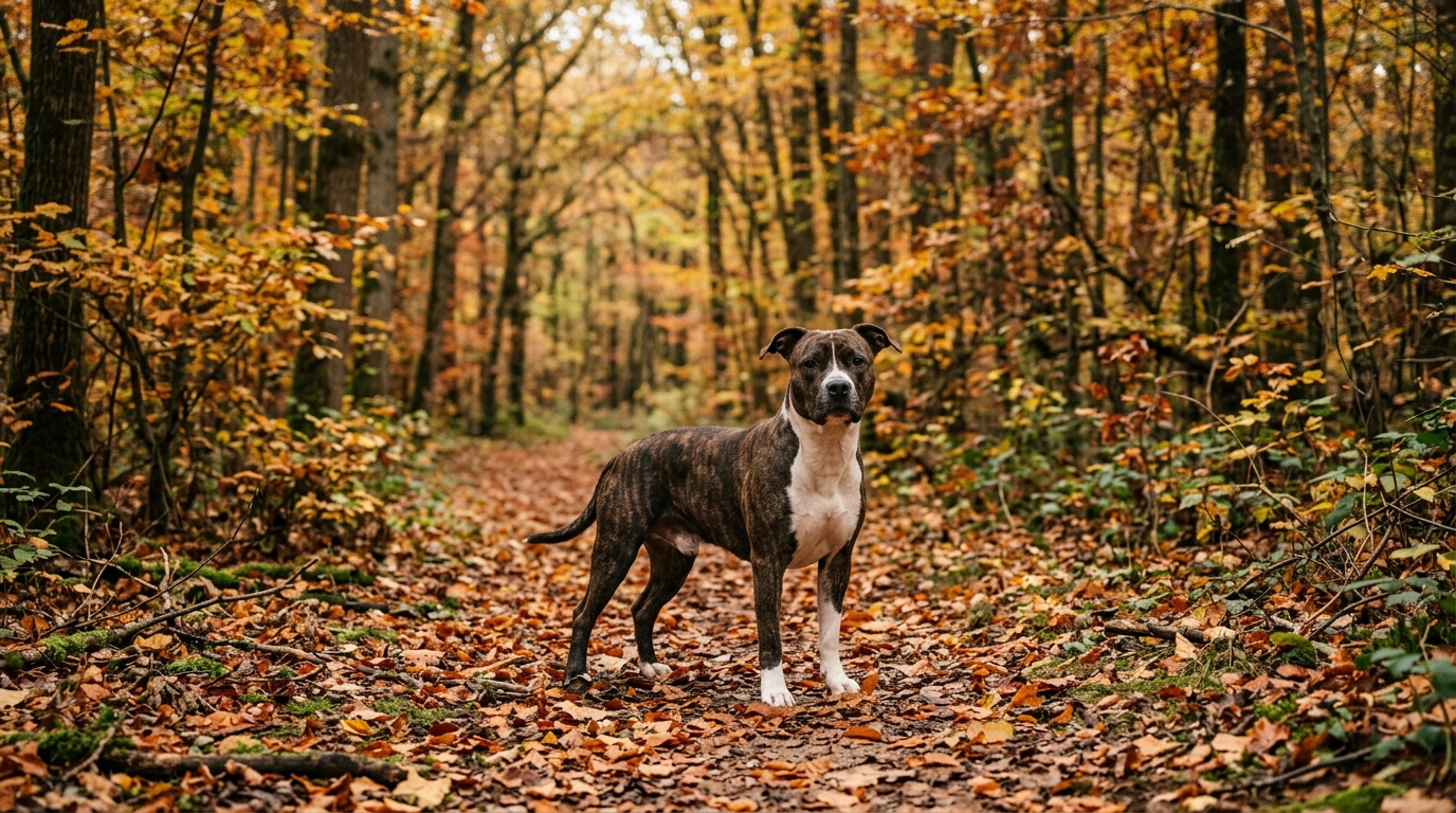 Un chien de type pitbull debout au milieu des arbres dans une forêt française en automne