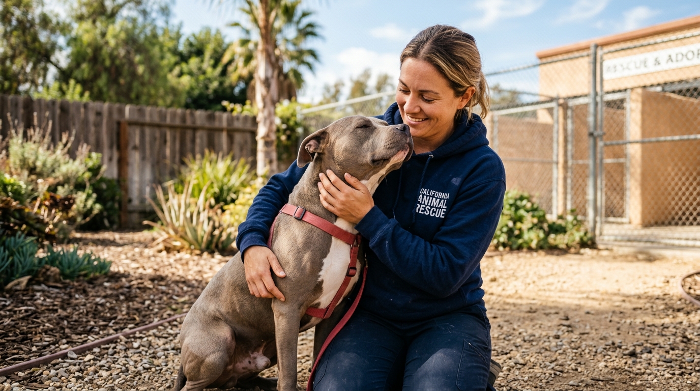 Un chien Pitbull en sécurité réconforté chaleureusement dans un refuge animalier