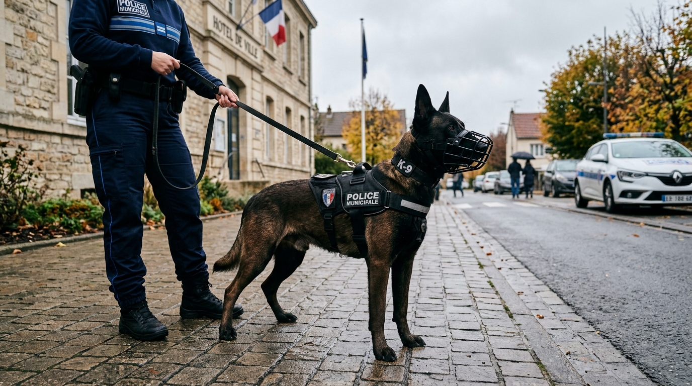 Un chien policier muselé et en laisse lors d'une patrouille dans une rue en France