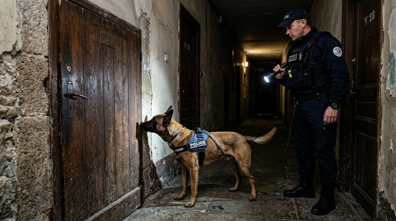 Un chien policier de la brigade cynophile devant la porte d'une cave à Albi