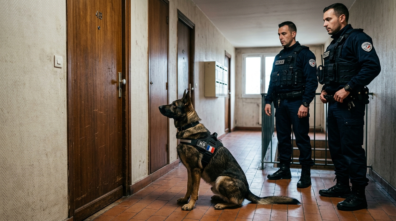 Un chien policier spécialisé en détection s'arrête devant une porte d'appartement.