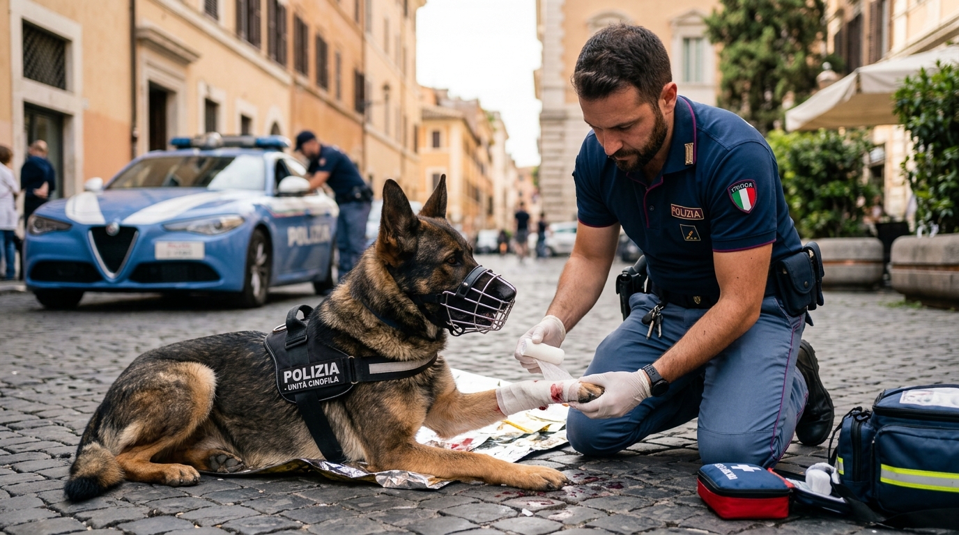 Un chien policier recevant des soins de premier secours lors d'un exercice à Rome
