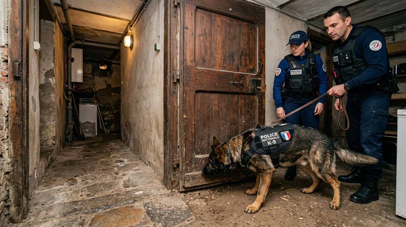 Un chien policier renifle l'entrée d'une cave dans un quartier résidentiel.