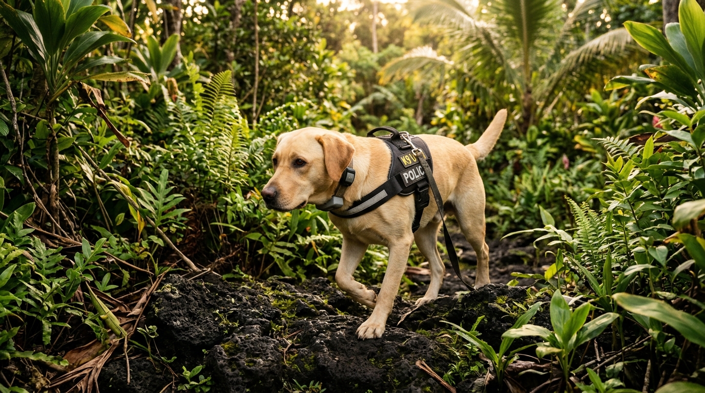 Un chien policier de race Labrador dans un parc naturel à Hawaï