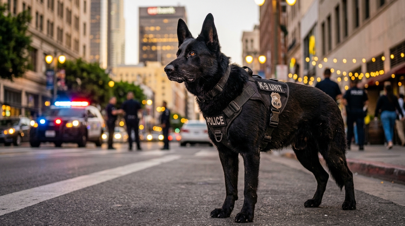 Chien policier noir portant un harnais de protection en mission urbaine.