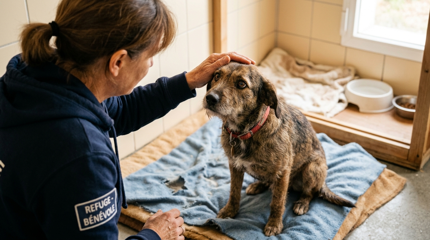 Un bénévole réconforte un chien stressé dans son box au sein d'un refuge.
