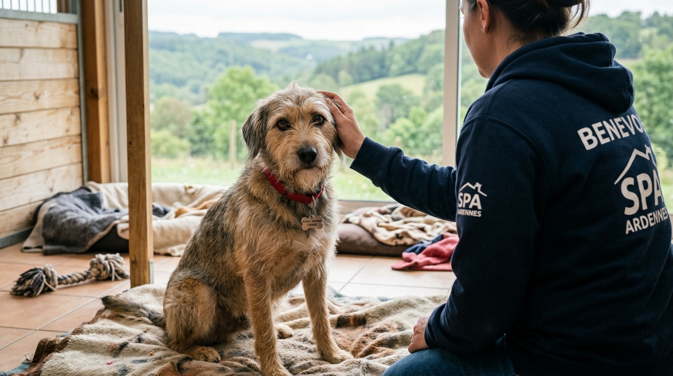 Un chien soigné avec tendresse par une bénévole dans une association de protection animale