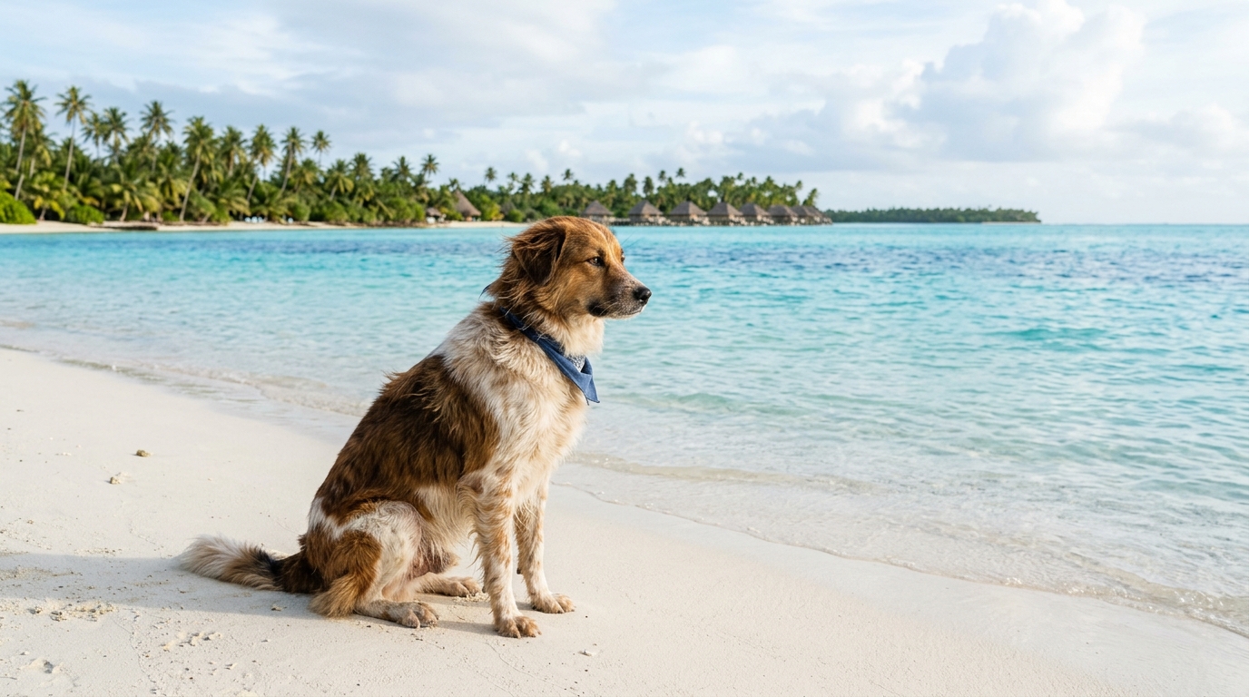 Un chien assis sur une plage de sable blanc bordée par un lagon aux Tuamotu