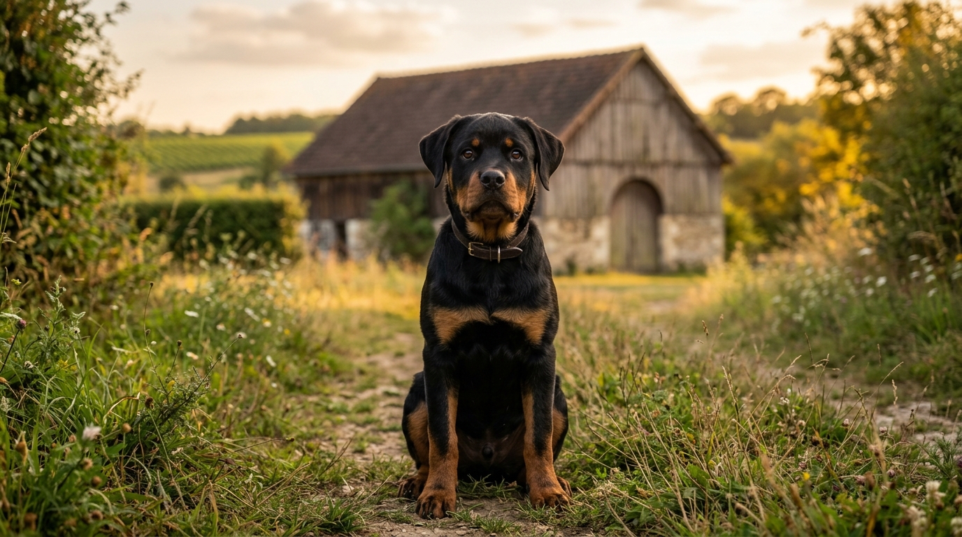 Un chien Rottweiler assis paisiblement dans un décor rural en France