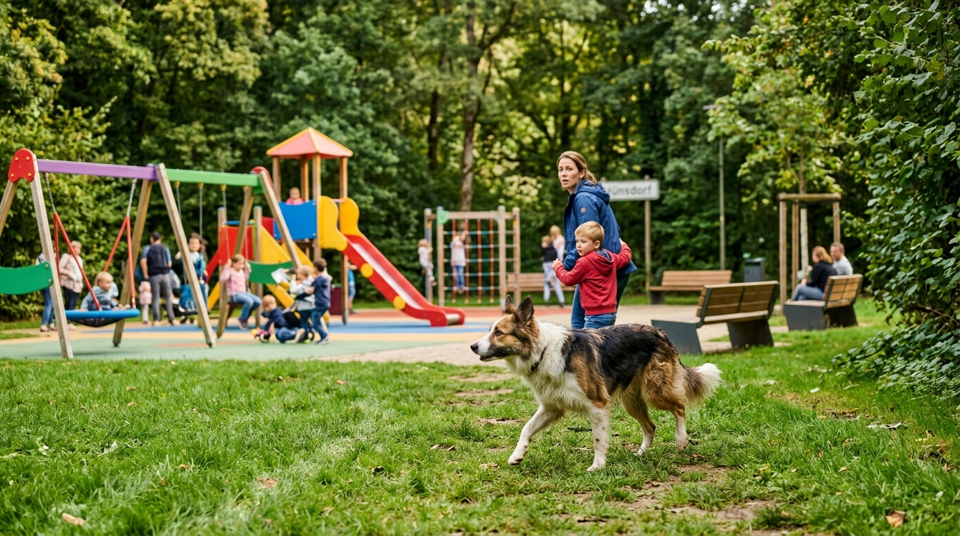 Un chien courant sur une pelouse d'une aire de jeux pour enfants à Hünsdorf au Luxembourg