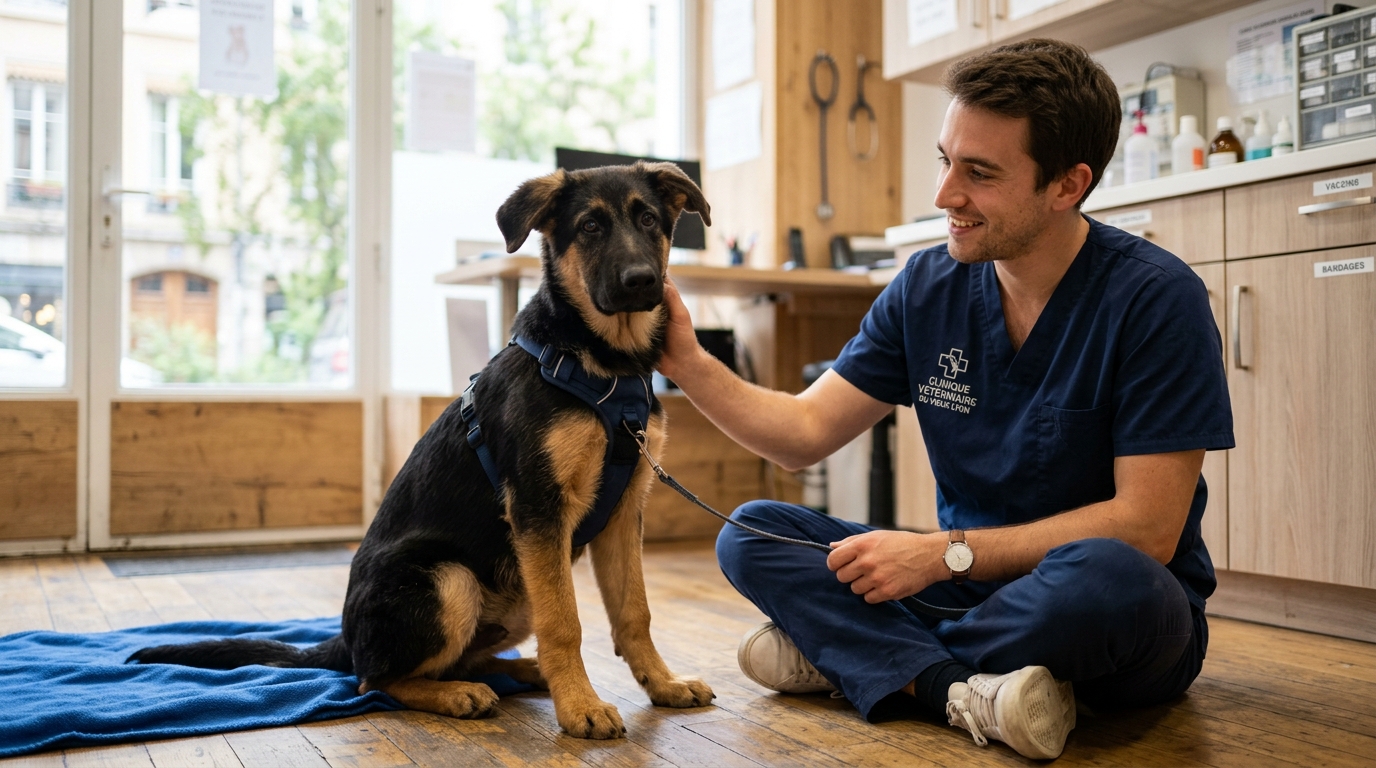 Un chien de type berger apaisé recevant des soins bienveillants