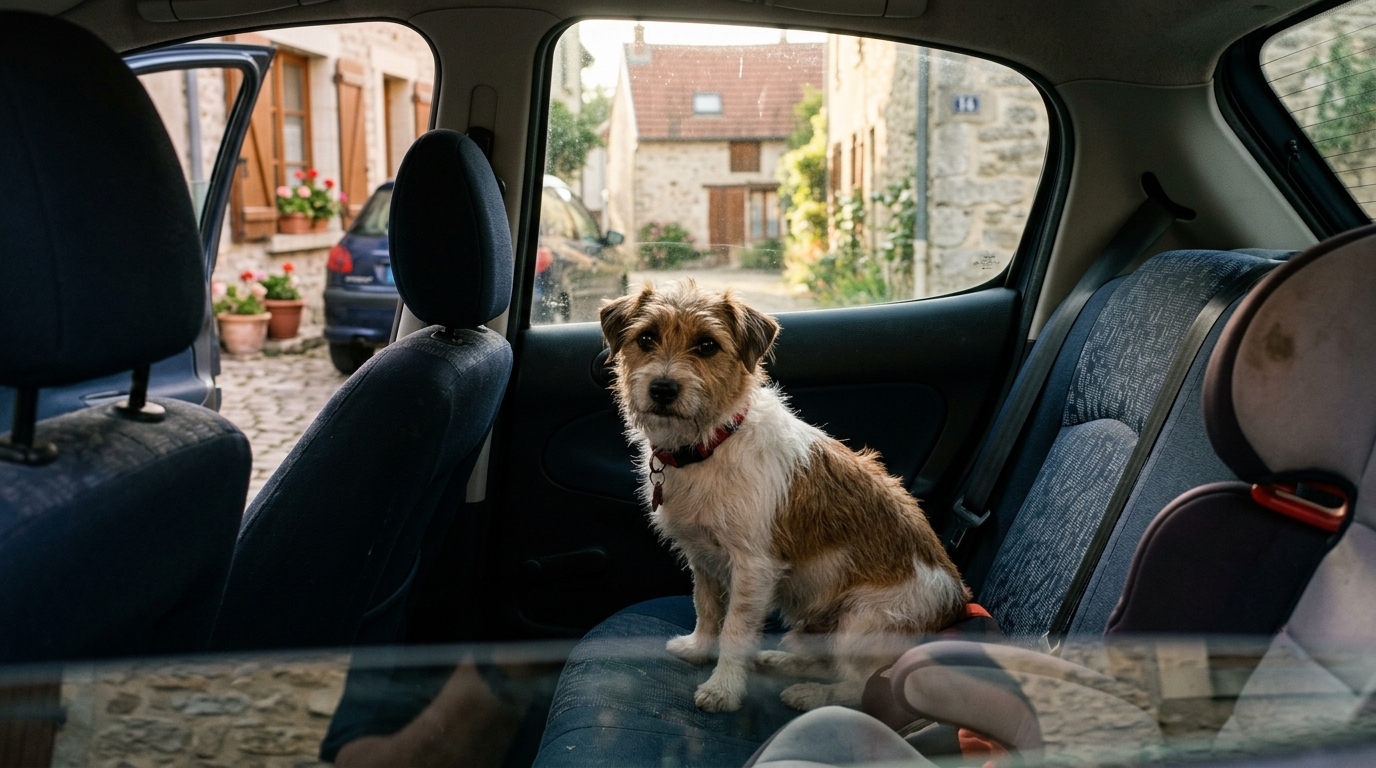 Un petit chien assis en sécurité dans une voiture à Chaumont