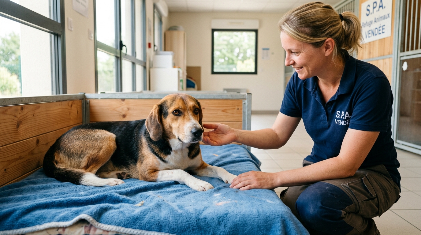 Un chien sauvé repose sur une couverture bleue dans un refuge animalier en Vendée.