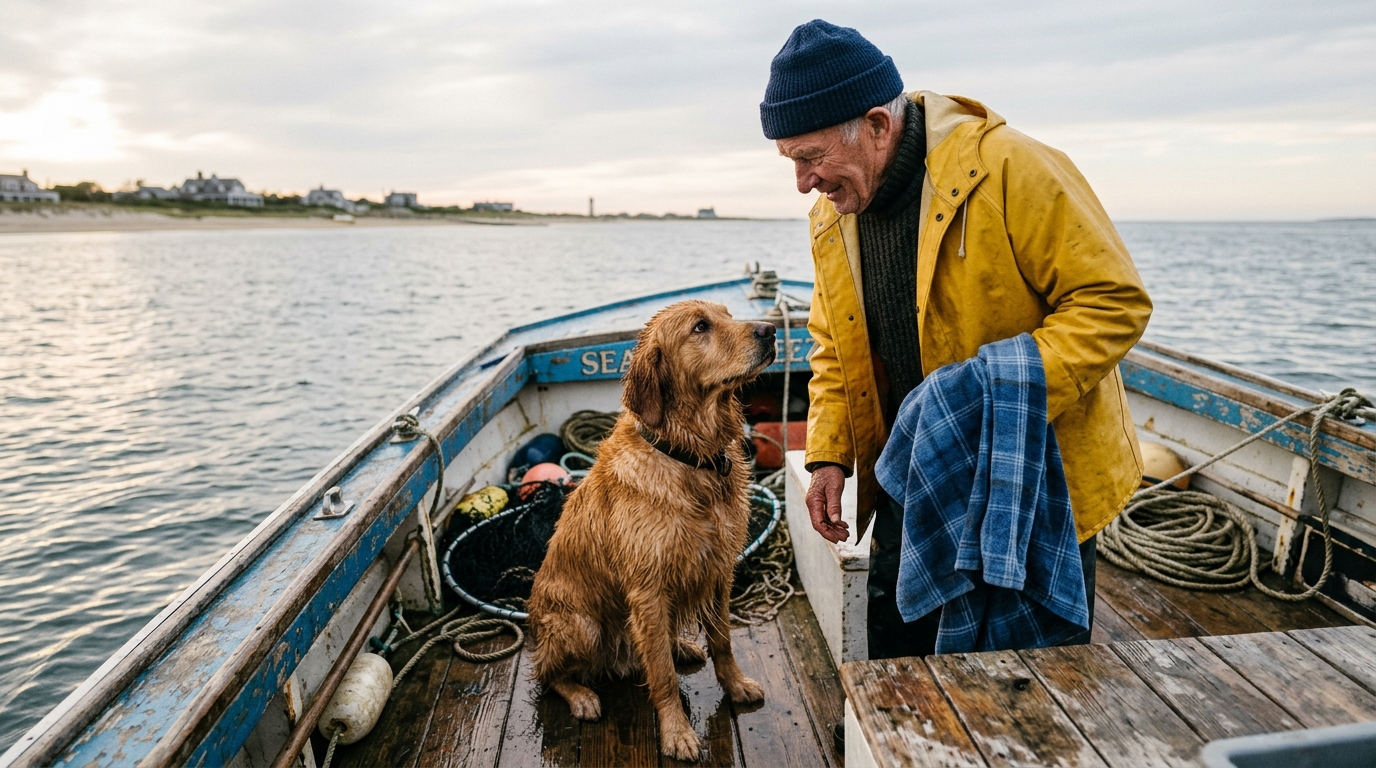 Un Golden Retriever secouru sur un bateau de pêche en mer