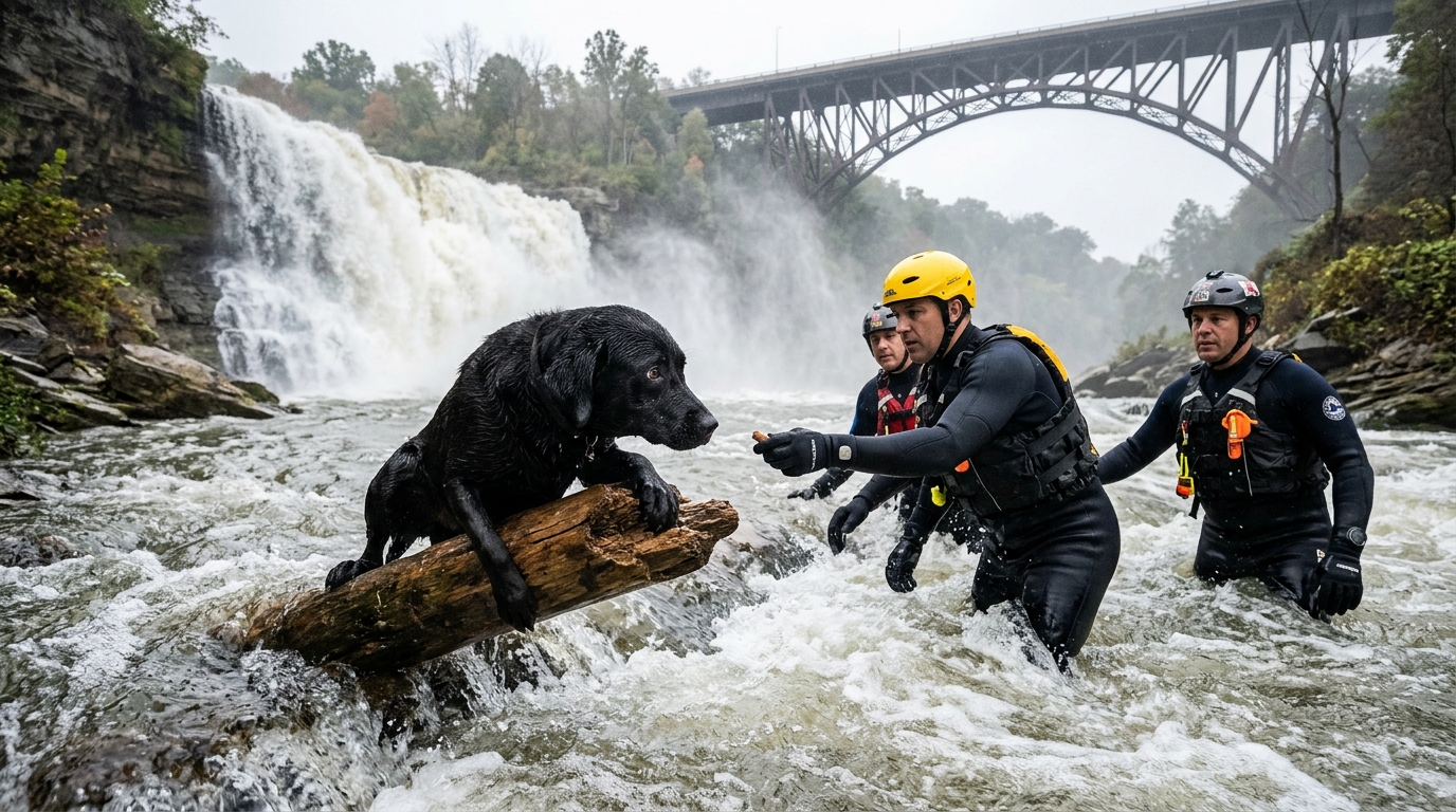 Un chien noir agrippé à un tronc dans une rivière secouru par des plongeurs
