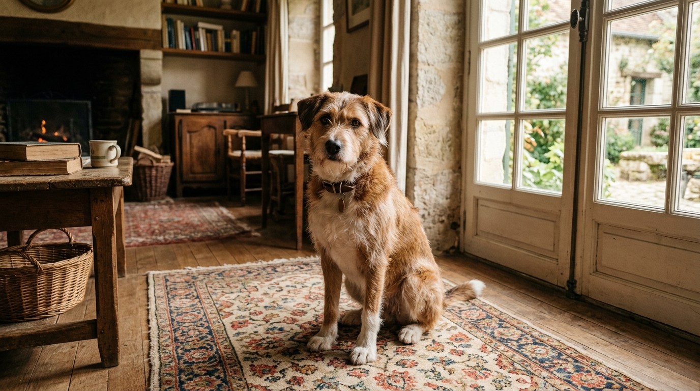 Un chien croisé marron et blanc assis sereinement près d'une fenêtre dans une maison en France.