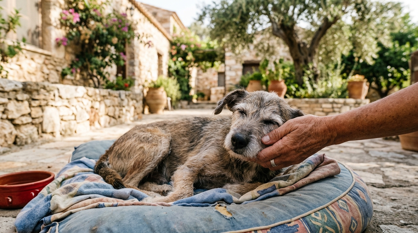 Un vieux chien croisé à poils courts caressé doucement dans un refuge en Grèce