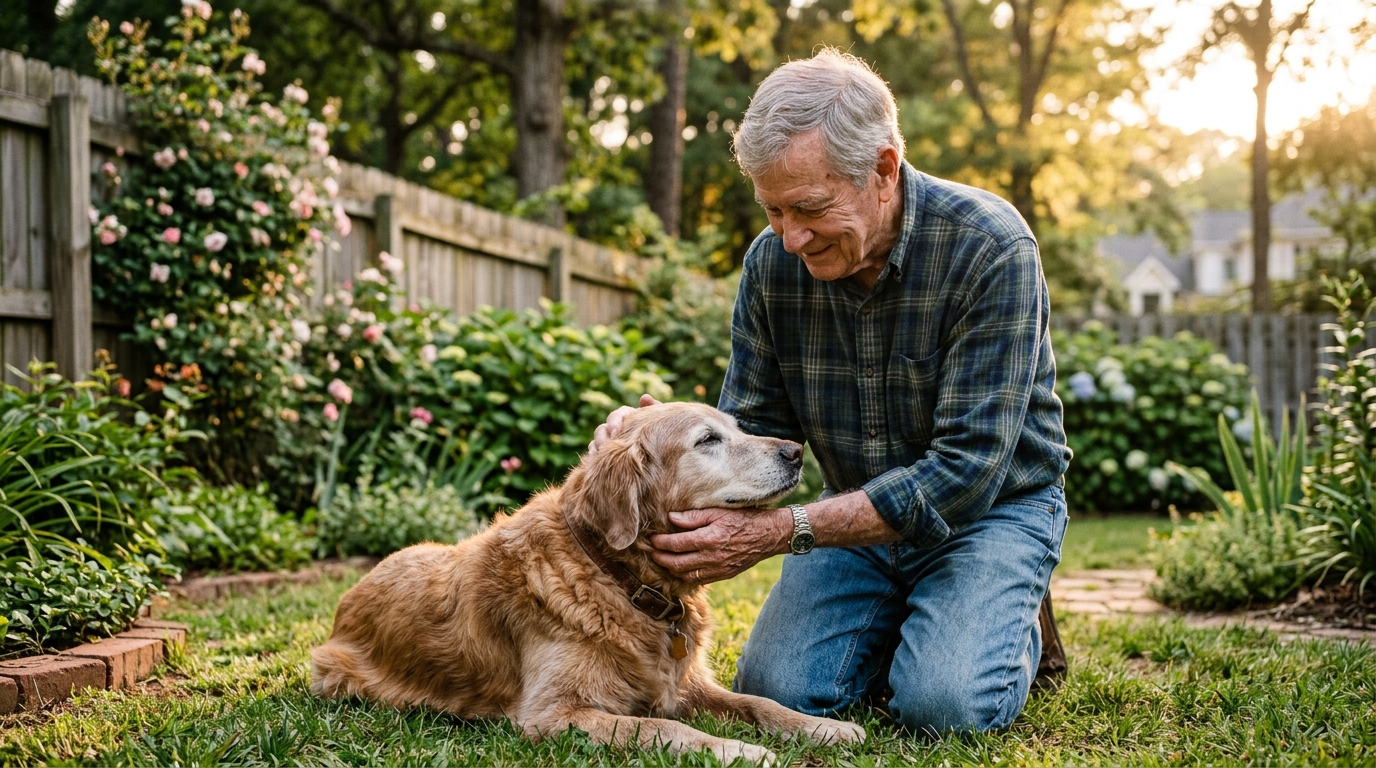 Un chien âgé caressé doucement par un homme senior dans un jardin verdoyant.