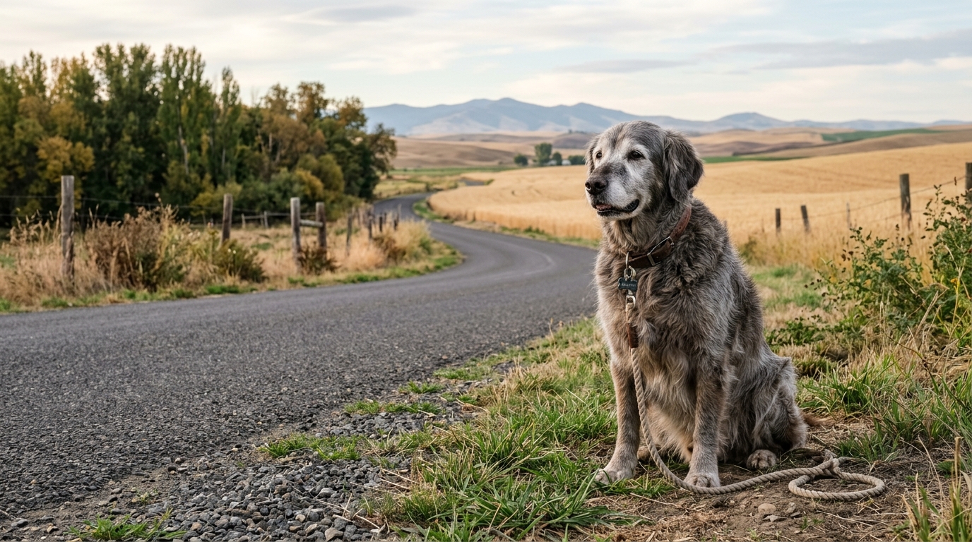 Un vieil hybride chien de 14 ans assis paisiblement dans un paysage rural de l'Etat de Washington.