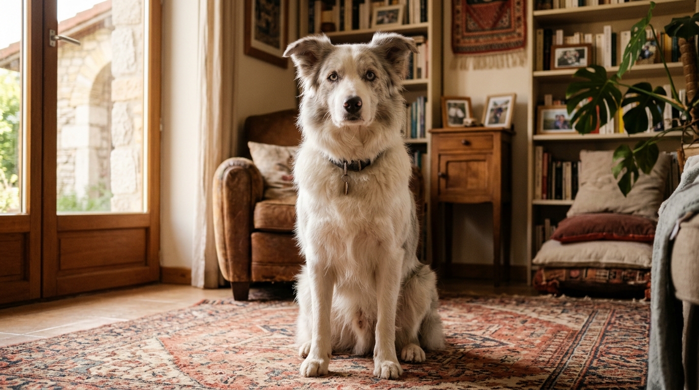 Un grand chien croisé Border Collie blanc et merle assis paisiblement à l'intérieur