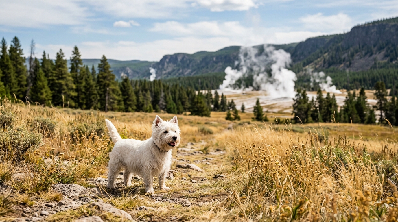 Petit terrier blanc debout au milieu des paysages sauvages du parc de Yellowstone.