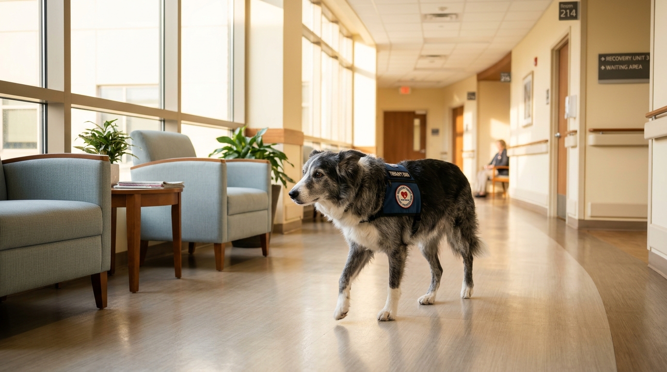 Un Border Collie âgé se promène doucement dans un couloir d'hôpital lumineux