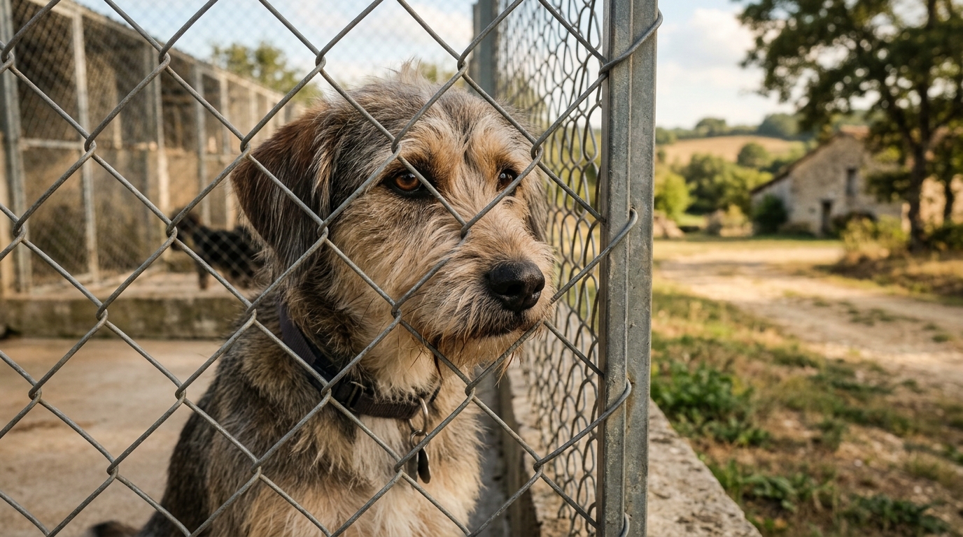 Un chien de refuge regarde à travers une grille dans un environnement calme du Gers.