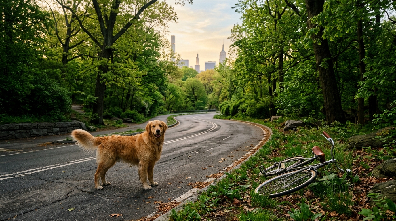 Un golden retriever sans laisse sur un chemin goudronné de Central Park.