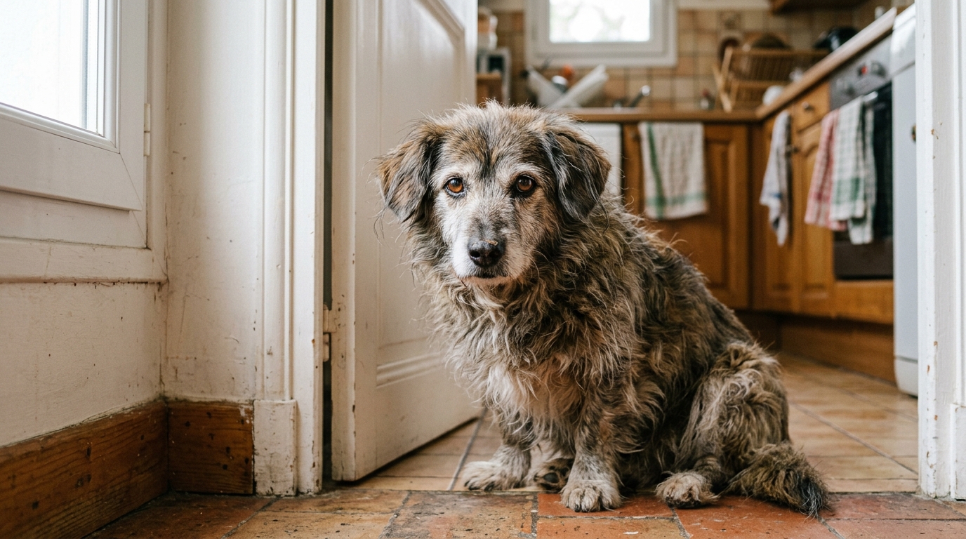 Petite chienne âgée au pelage emmêlé observant à travers la porte d'une cuisine