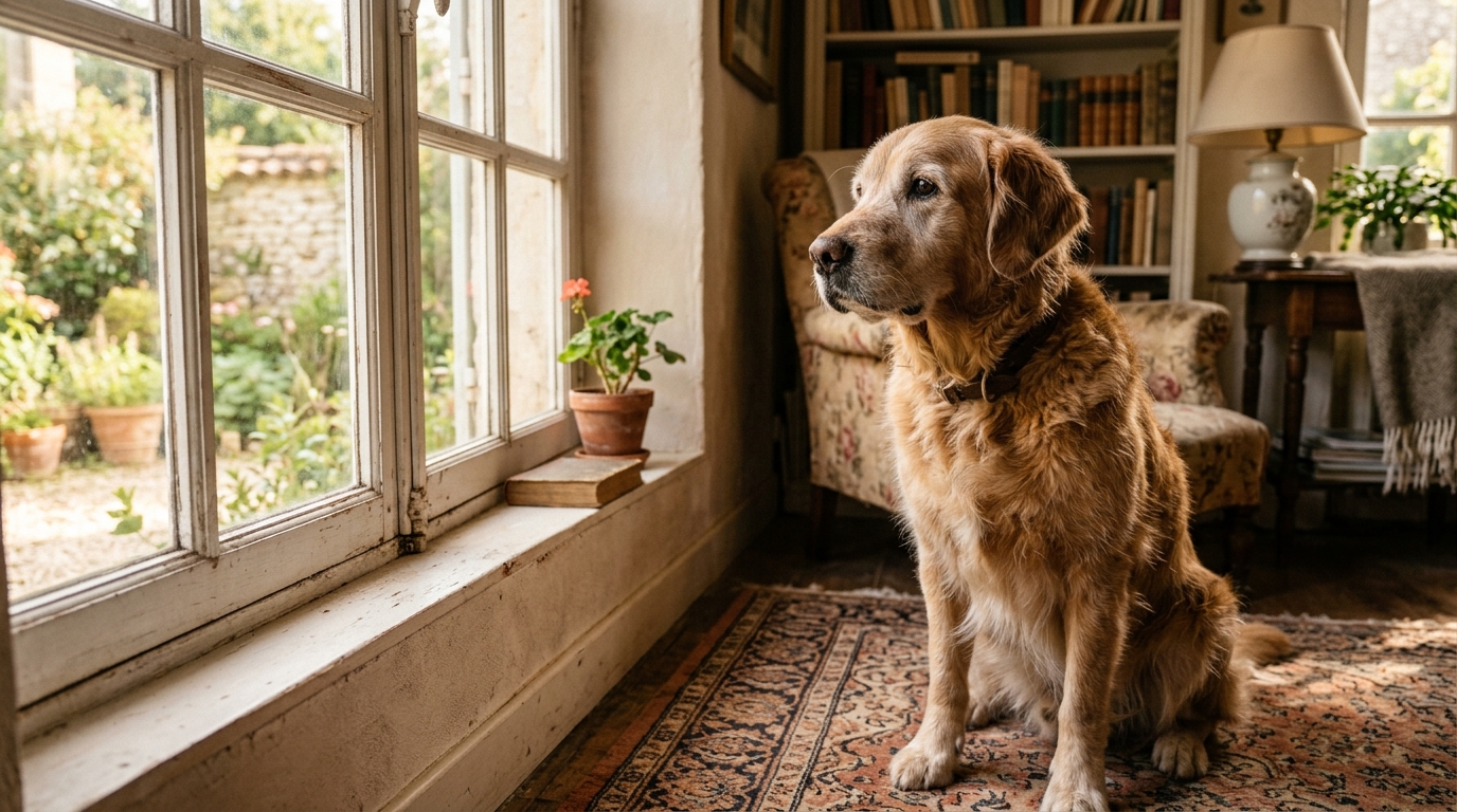 Une douce chienne âgée au regard tendre attendant une nouvelle famille