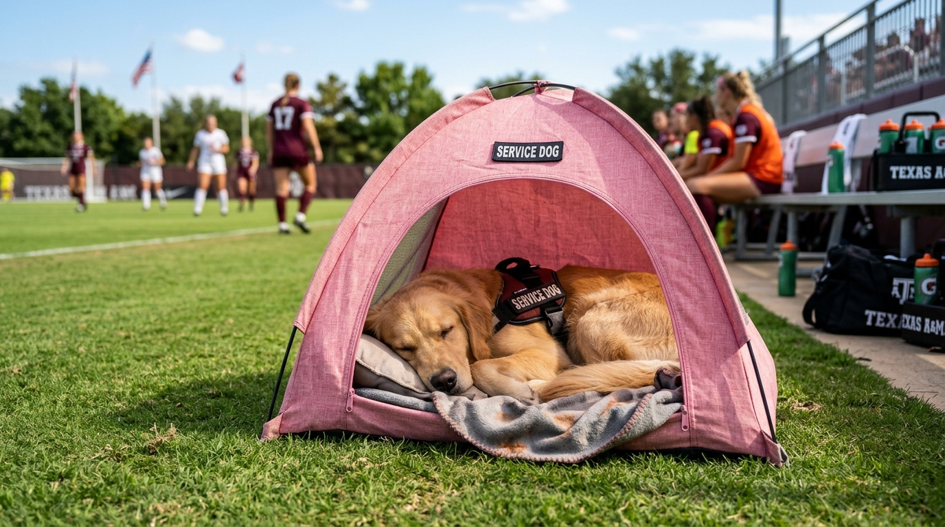 Chienne d'assistance abritée dans une tente rose au bord d'un terrain de sport universitaire.