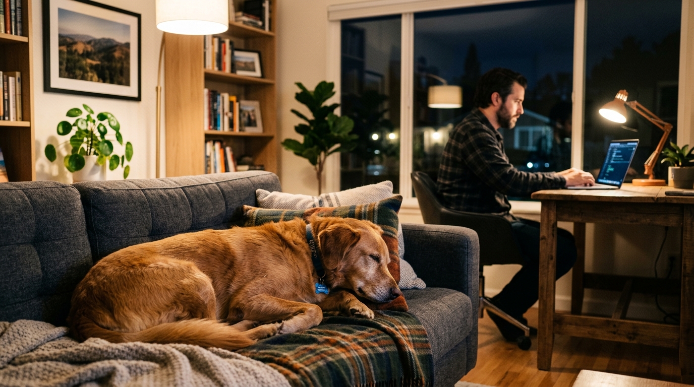 Une chienne de sauvetage regarde avec attention son maître travailler tard dans le salon