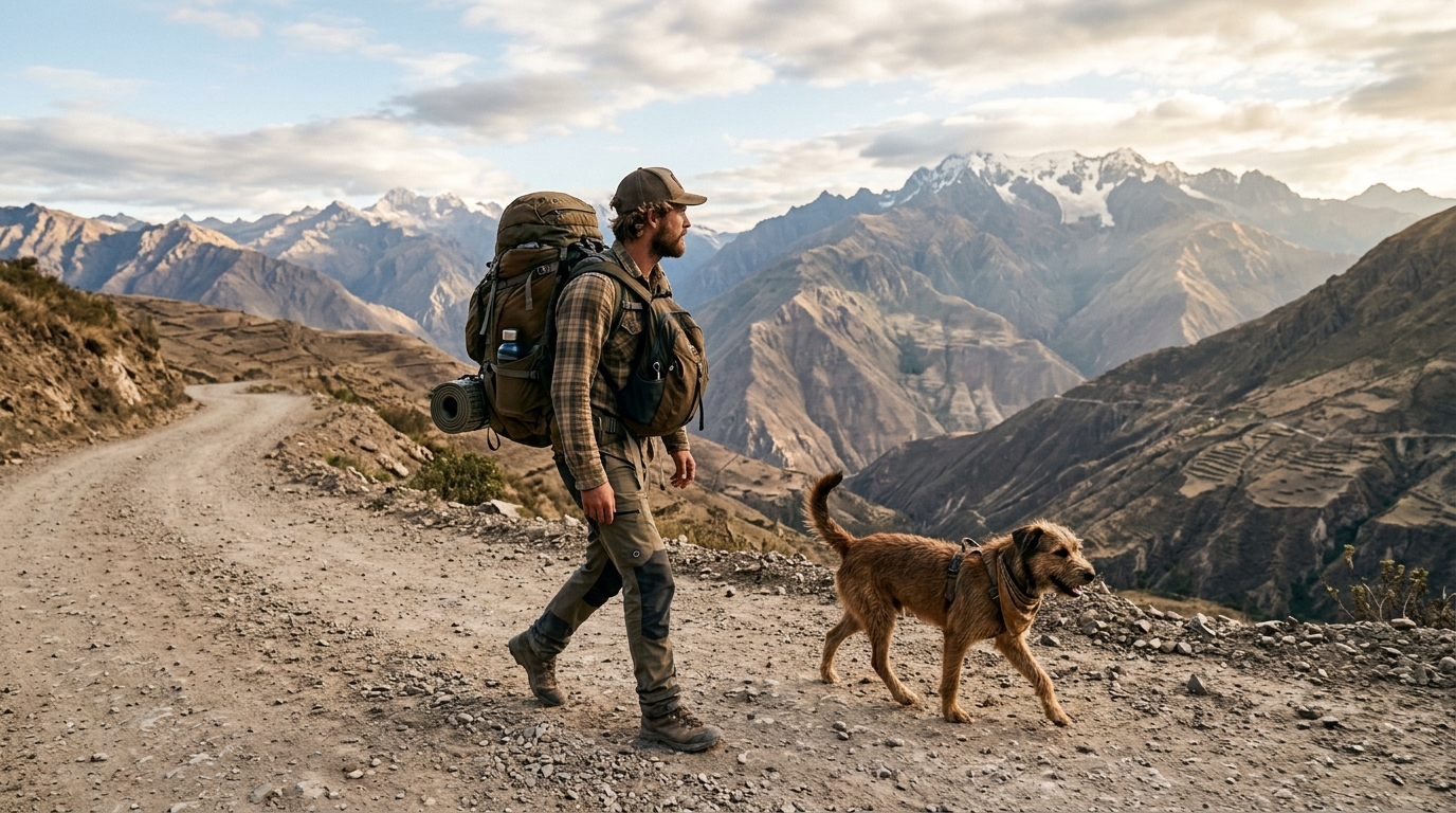 Un homme et sa chienne marchent sur une grande route poussiéreuse pendant un voyage