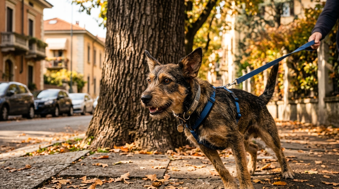 Une chienne croisée tenue en laisse par sa propriétaire au pied d'un arbre dans une rue en Italie.