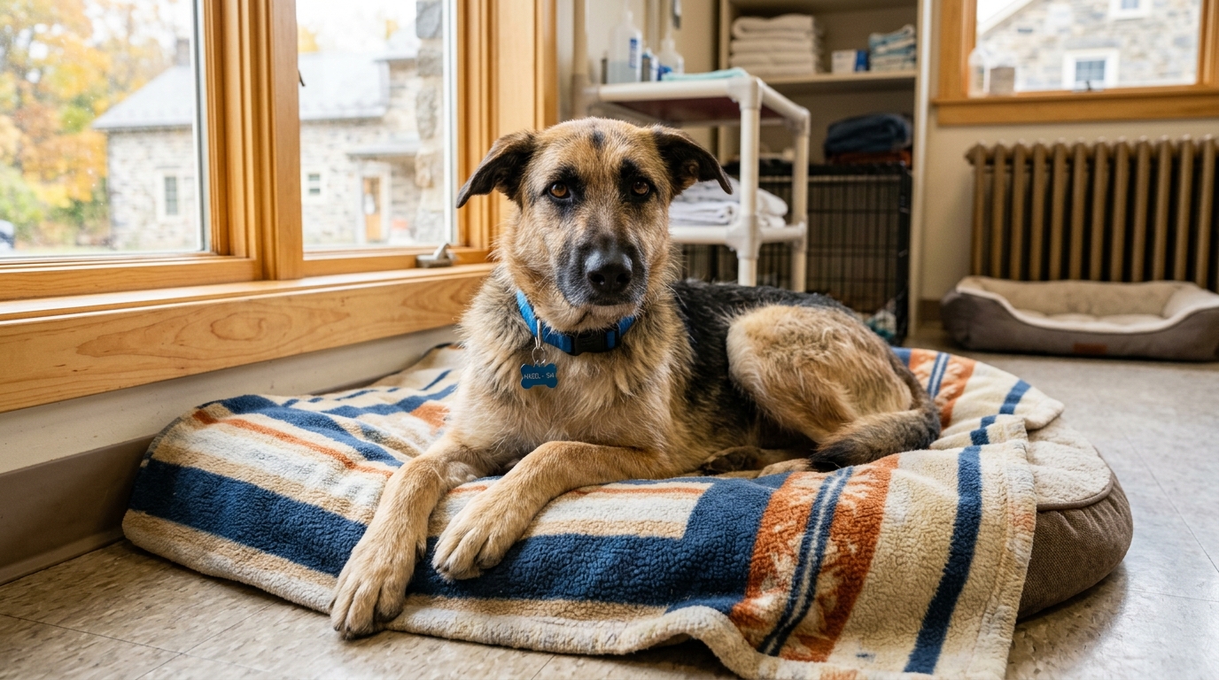 Chienne de type berger se reposant au calme dans un refuge animalier