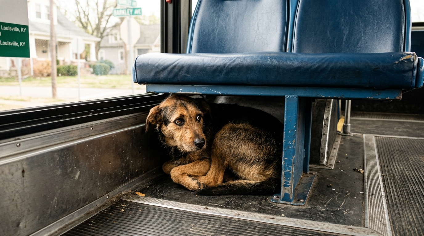 Une chienne terrifiée blottie sous le siège d'un bus de ville