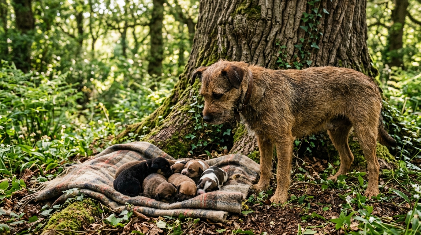 Une chienne protectrice auprès de ses sept jeunes chiots dans un refuge