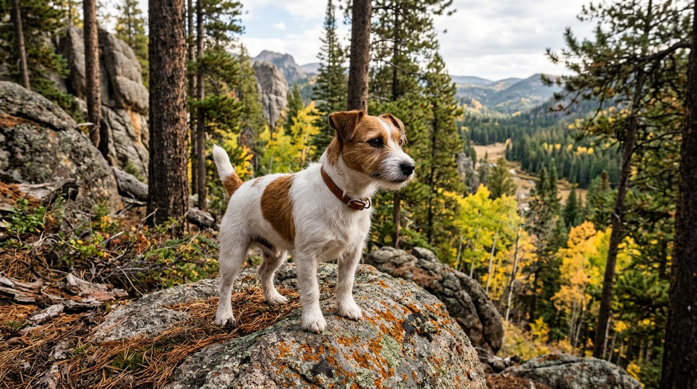 Une chienne Jack Russell au milieu des pins et rochers du parc national de Yellowstone