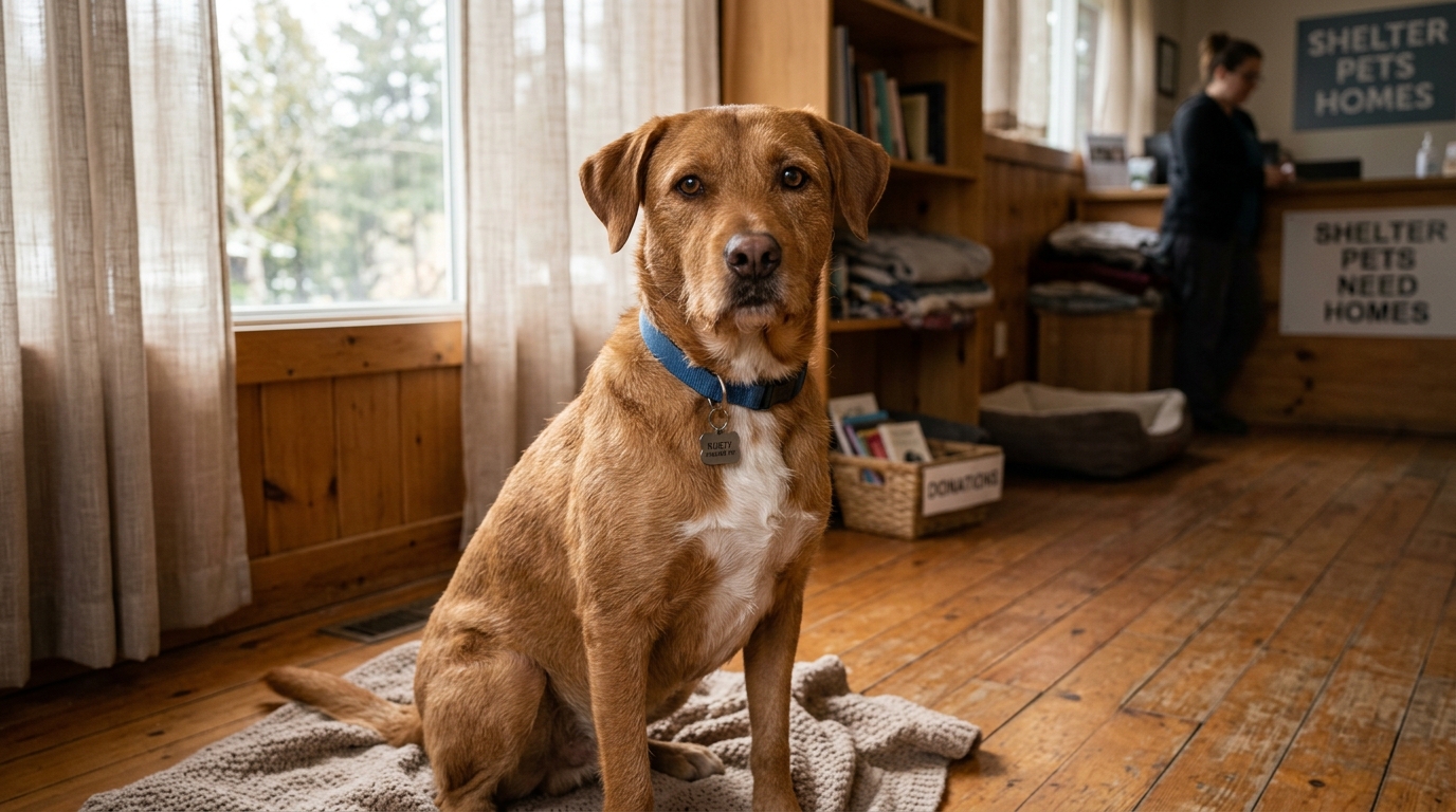 Une chienne croisée au pelage ras se tenant au calme à l'ombre