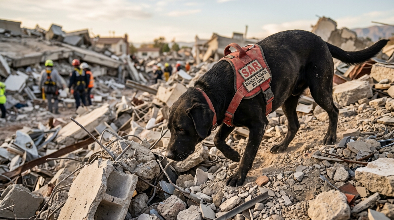 Une chienne Labrador noire de recherche avec son harnais sur une zone de sauvetage.