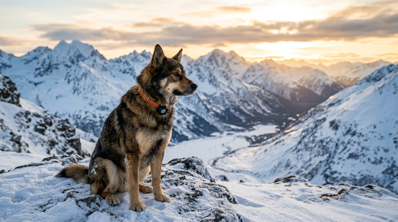 Chienne assise dans la neige dans les montagnes de l'Alaska