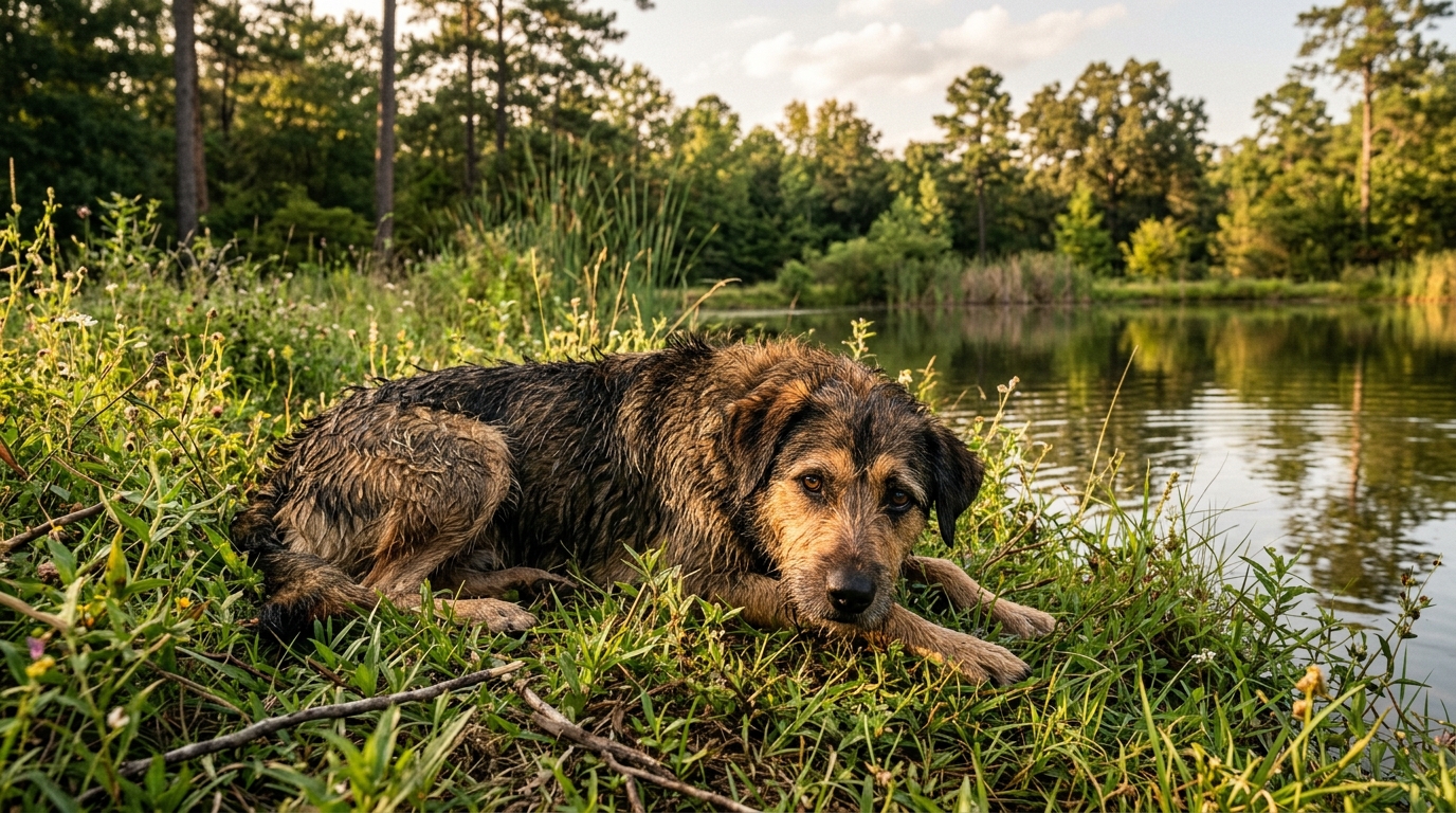 Chienne croisée trempée au bord d'un étang au Texas