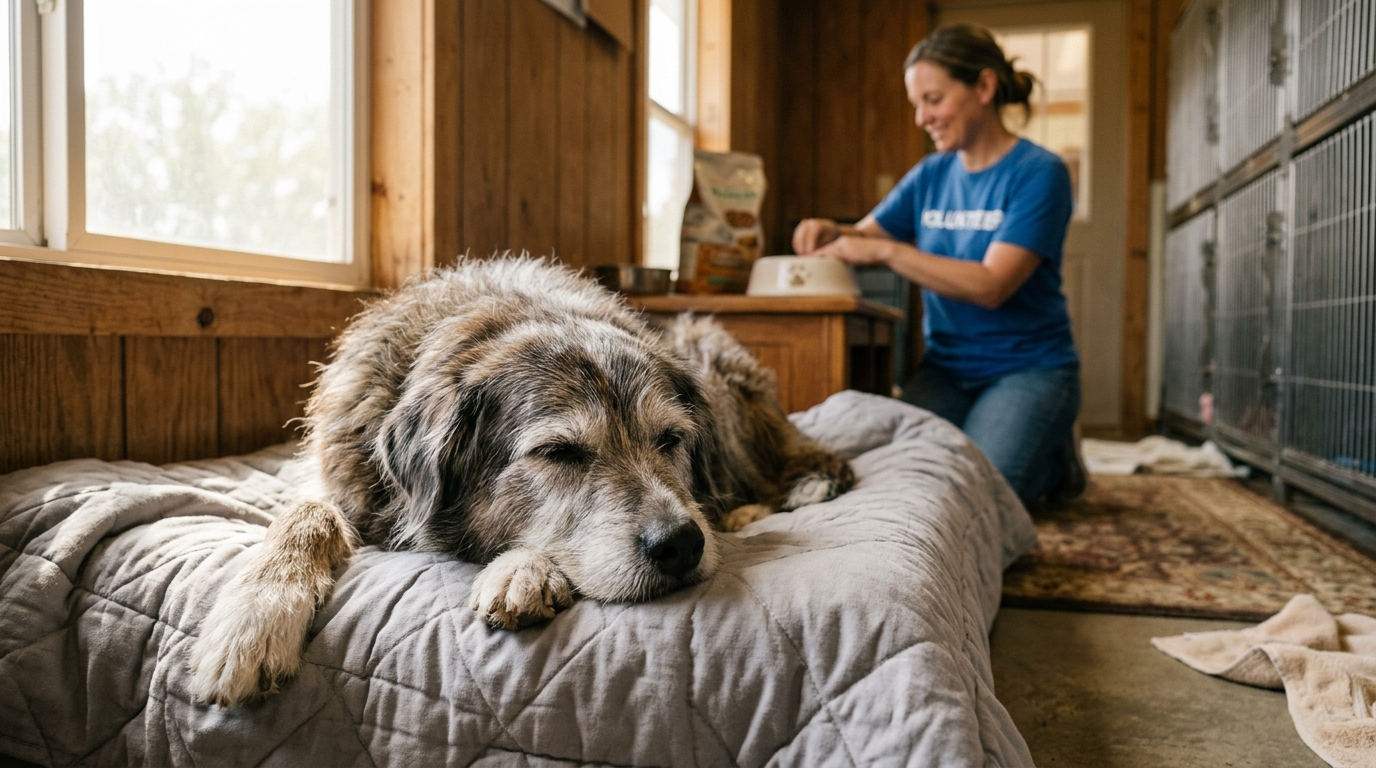 Une vieille chienne métissée se reposant sereinement dans un refuge chaleureux