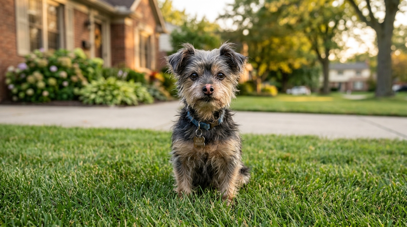 Un petit chien Yorkshire Terrier âgé assis dans une pelouse résidentielle