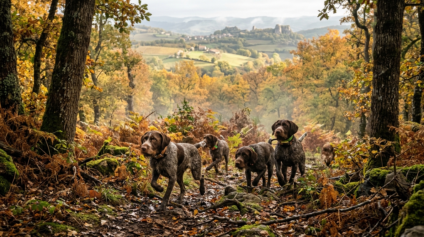 Chiens de chasse attentifs dans une forêt aveyronnaise à l'automne