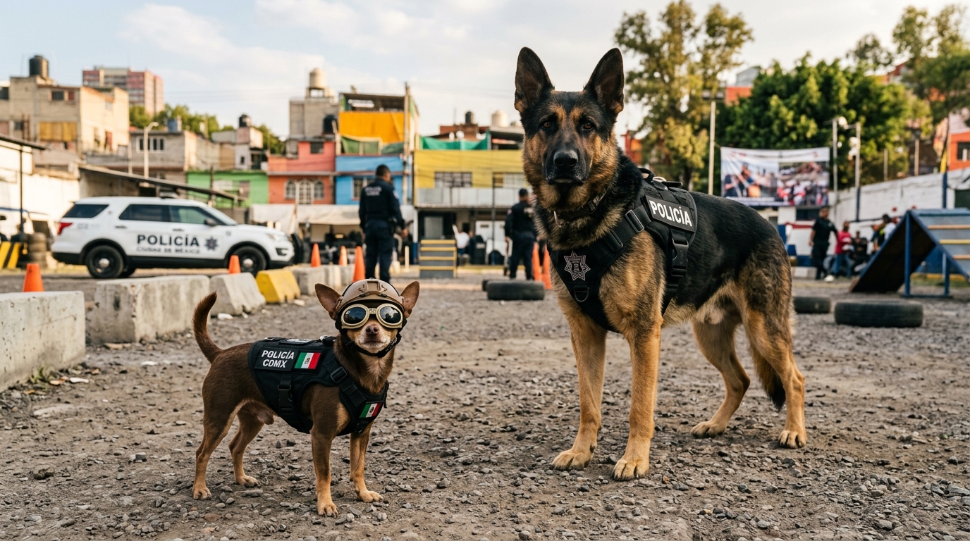 Un petit chihuahua portant un gilet tactique et un casque miniature lors d'un entraînement de police.