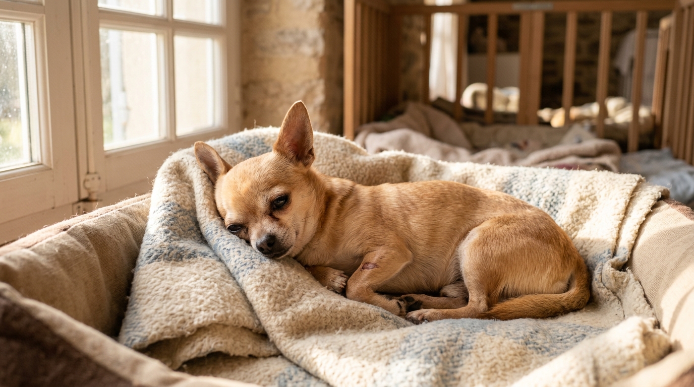 Un petit chihuahua au calme dans un refuge pour animaux.