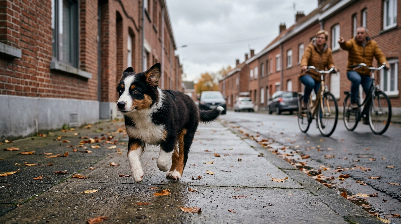 Un chiot Berger Australien apeuré court sur un trottoir dans un quartier d'Hazebrouck sous le regard inquiet des riverains.