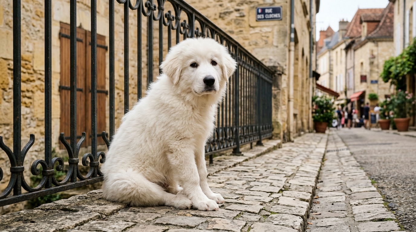 Un jeune chien de Montagne des Pyrénées assis près d'une barrière en ville
