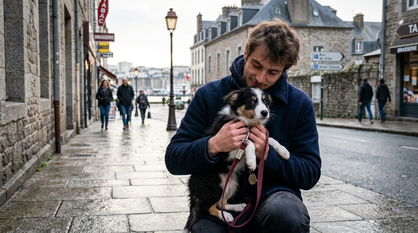 Un jeune chiot tenu en laisse par son propriétaire dans une rue de Brest.